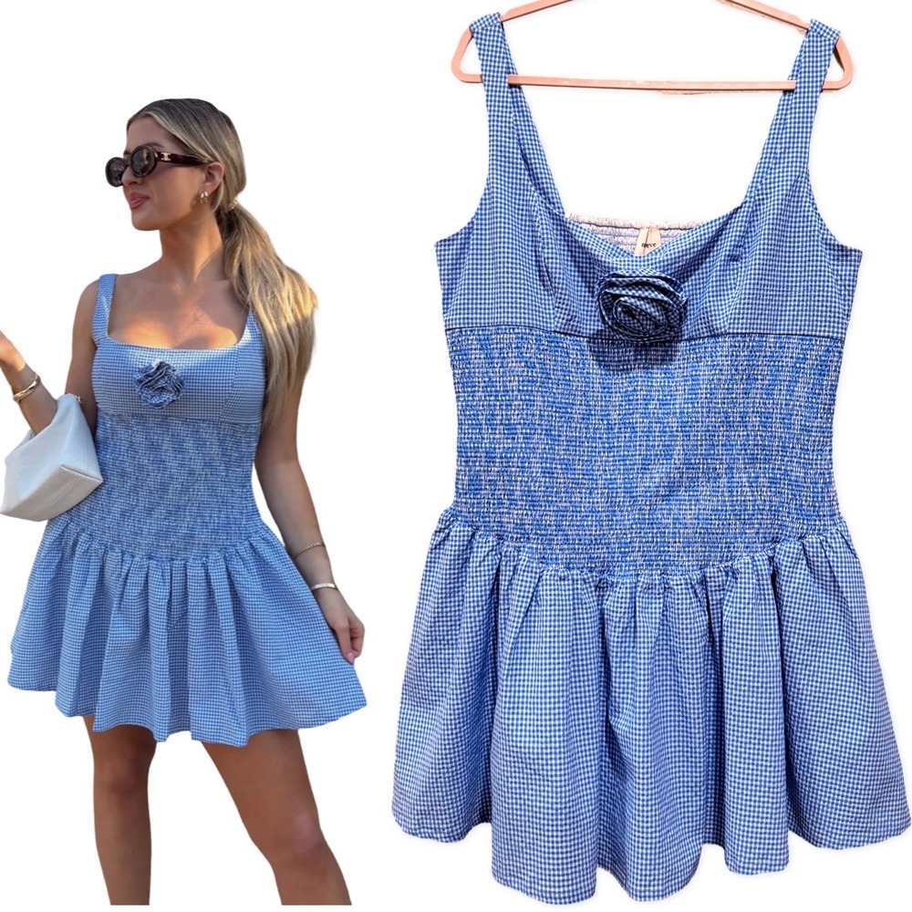 Maeve Blue Gingham Mini Dress with Rosette